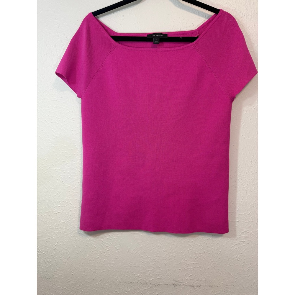 Ann Taylor Magenta Pink Boat Neck Short Raglan Sleeve Knit Top XL RN77379
